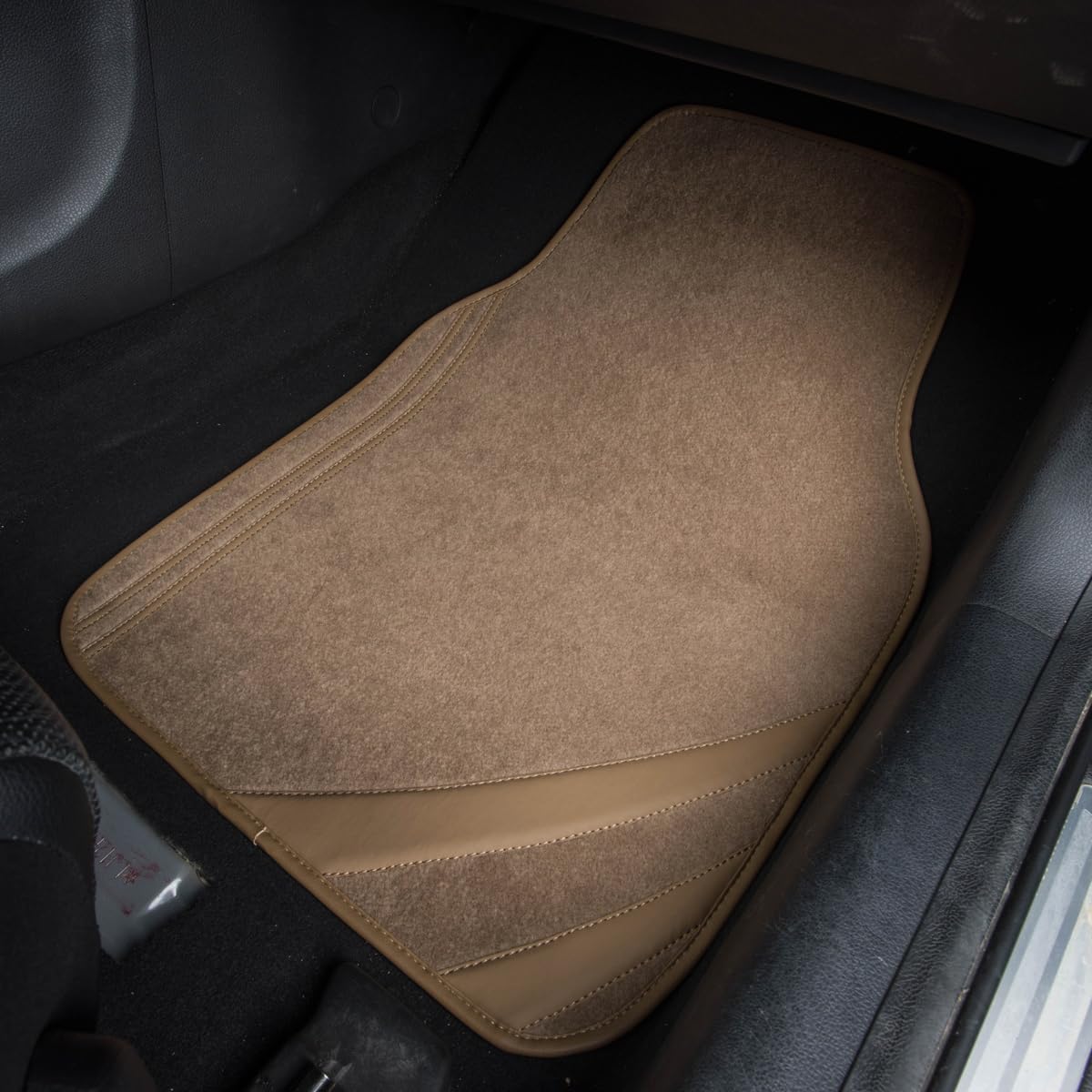 Car Pass Beige Car Floor Mats, Edge Leather Waterproof Car Mats With Double Stitch Line And Anti-Slip Backing Design, Fit 95% Au