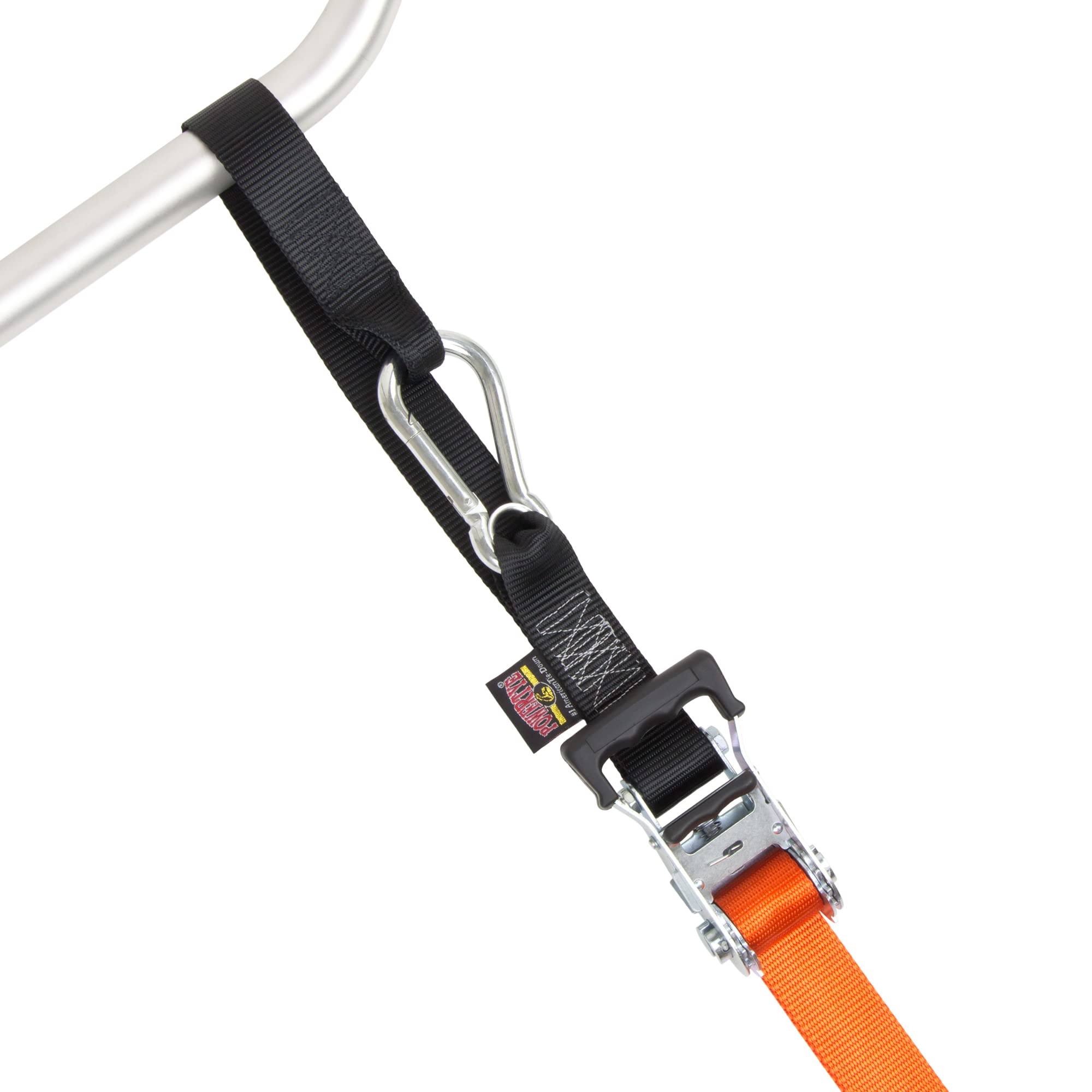 Powertye 1.5In X 6.5Ft Heavy Duty Ratchet Tie-Down Straps With Soft-Tye, Carabiner Hooks - 1,000 Lb Working Load Limit / 3,000 Lb Breaking Strength - Made In Usa - Orange/Black Pair + Storage Bag