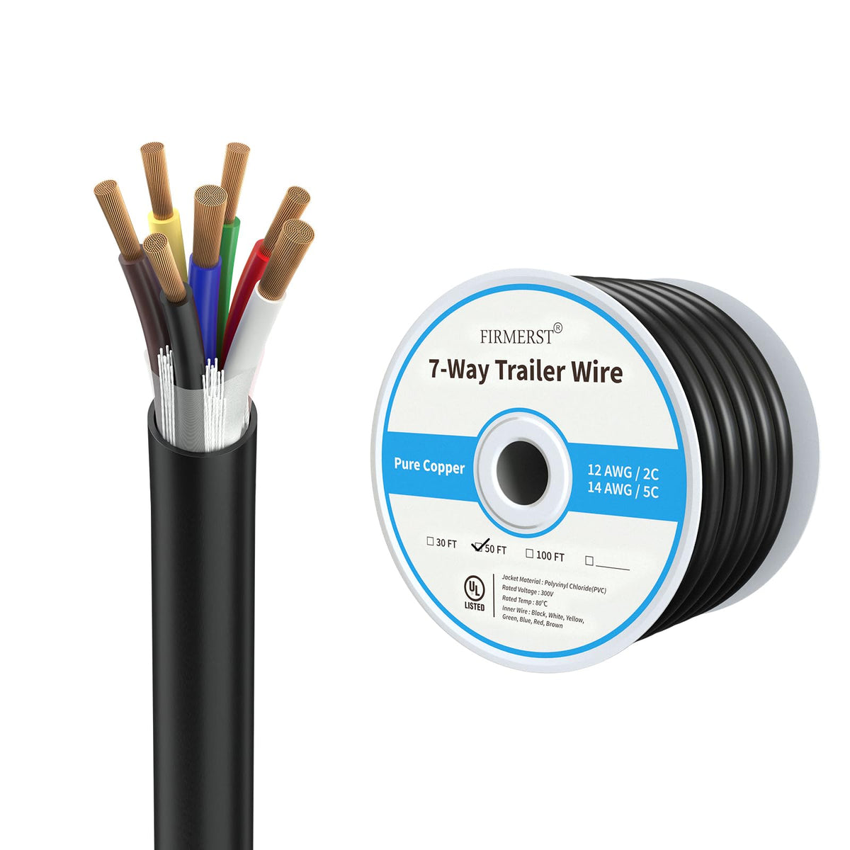 Firmerst 12/2 And 14/5 Pure Copper 7 Way Trailer Wire 50 Feet