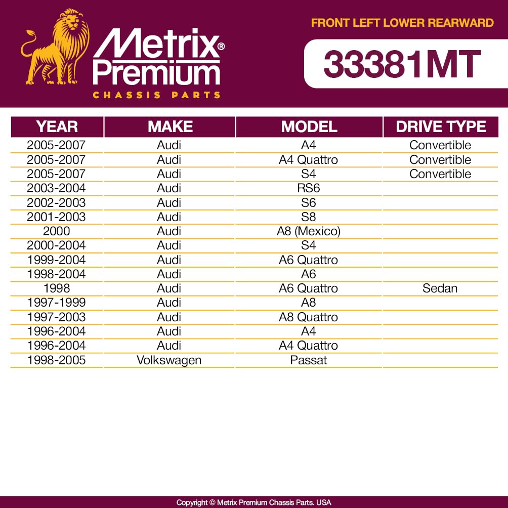 Metrix Premium Chassis Parts - Front Left Lower Rearward Control Arm W Ball Joint & Bushing Assembly Fits 05-07 Audi A4, 05-07 A