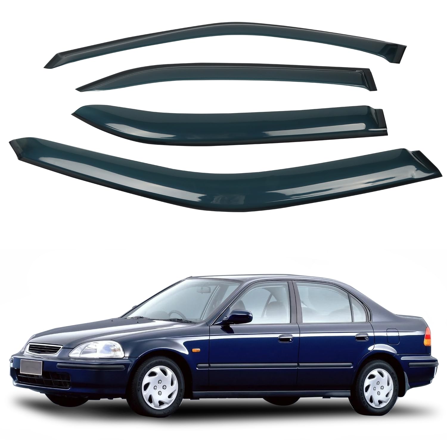 4PCS Rain Guards Window Visors Wind Deflector Fits for 1996-2000 Honda Civic 4-Door Sedan, Front & Rear Outside Mount Vent Shade