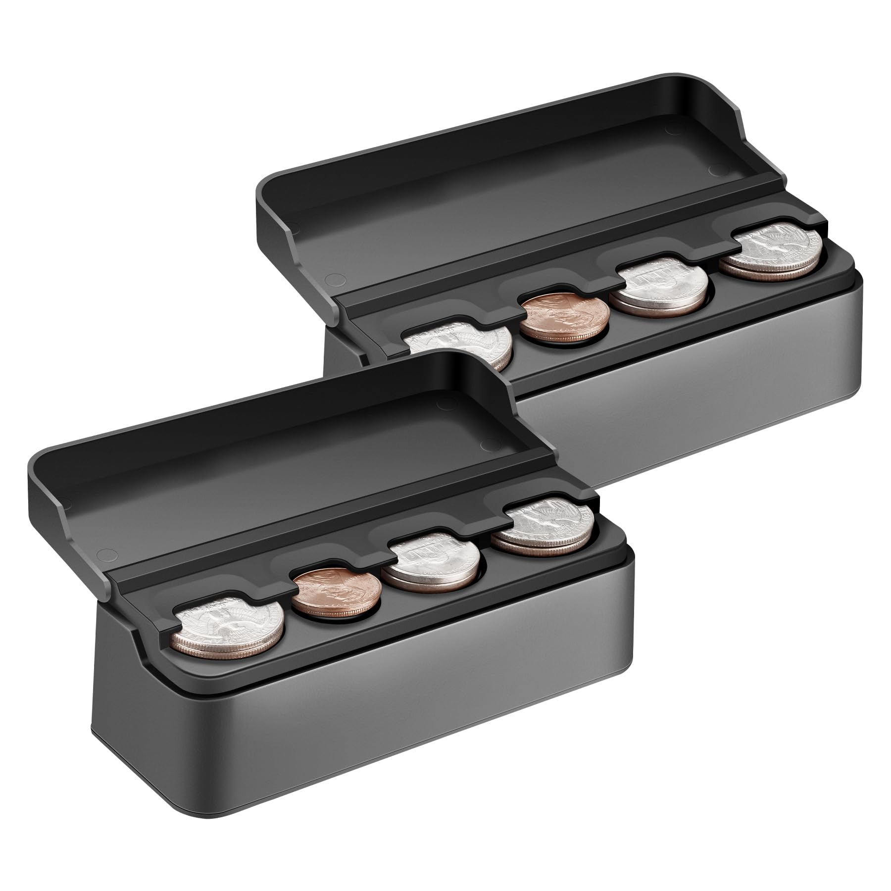 SINGARO Coin Holder for Car, 2PCS Black Coin Organizer for Different Sizes, Dash-Mounted for Cars & Trucks