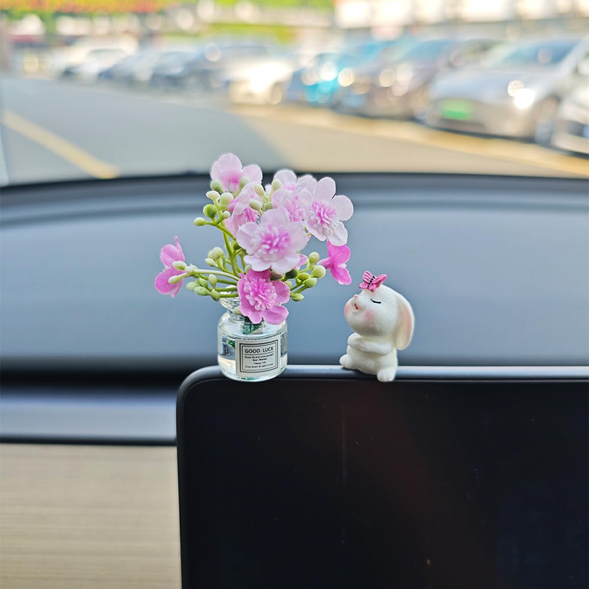 Generic Set Of 2 Cute Mini Bunny And Peach Blossom In Flower Vase Car Rearview Mirror Ornaments Funny Dashboard Decorations Kawa