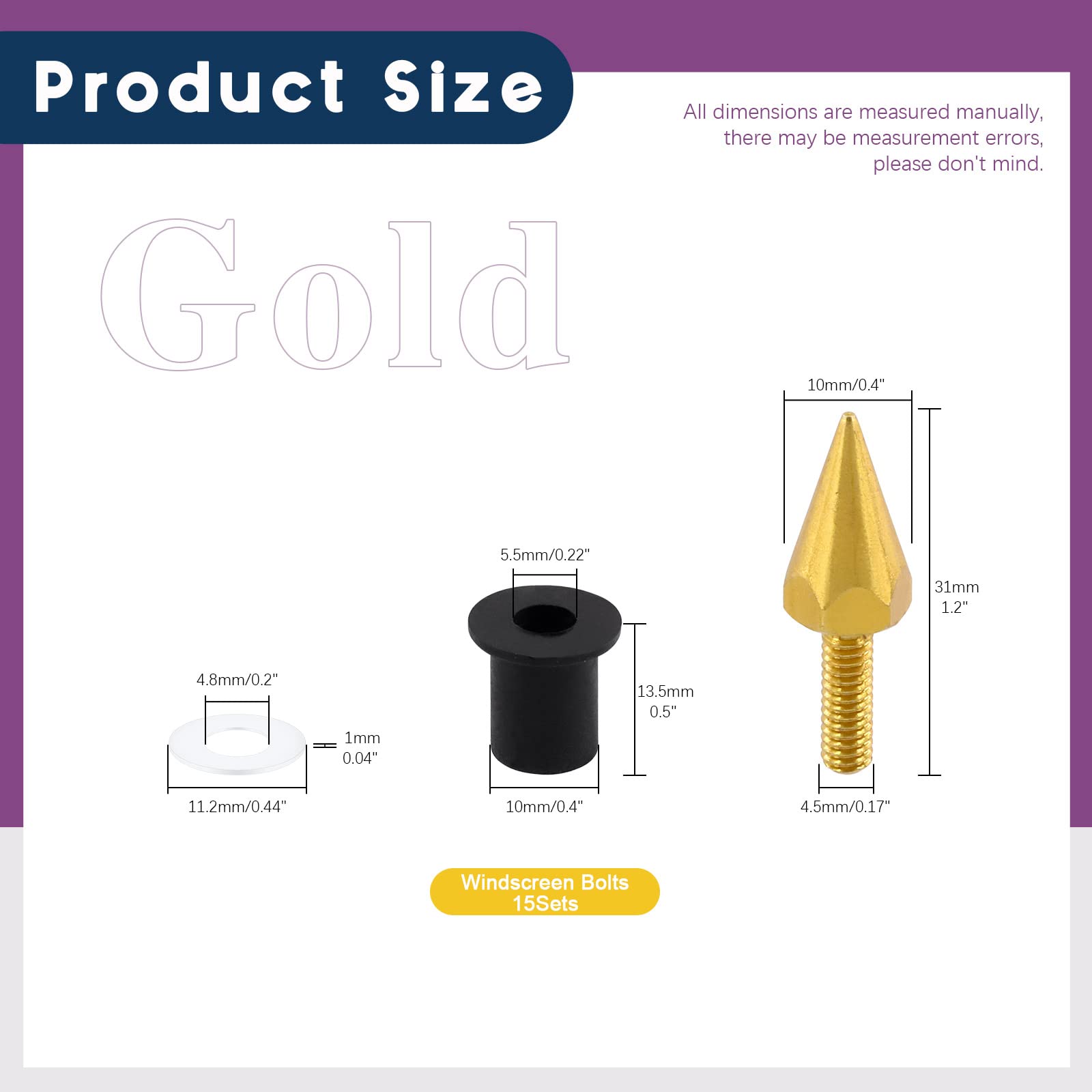 Swpeet 15Pcs Windshield Screws Aluminum Spike Motorcycle Windscreen Bolts Kit, Motorcycle Spike Bolt Screw Short Impaler Compati