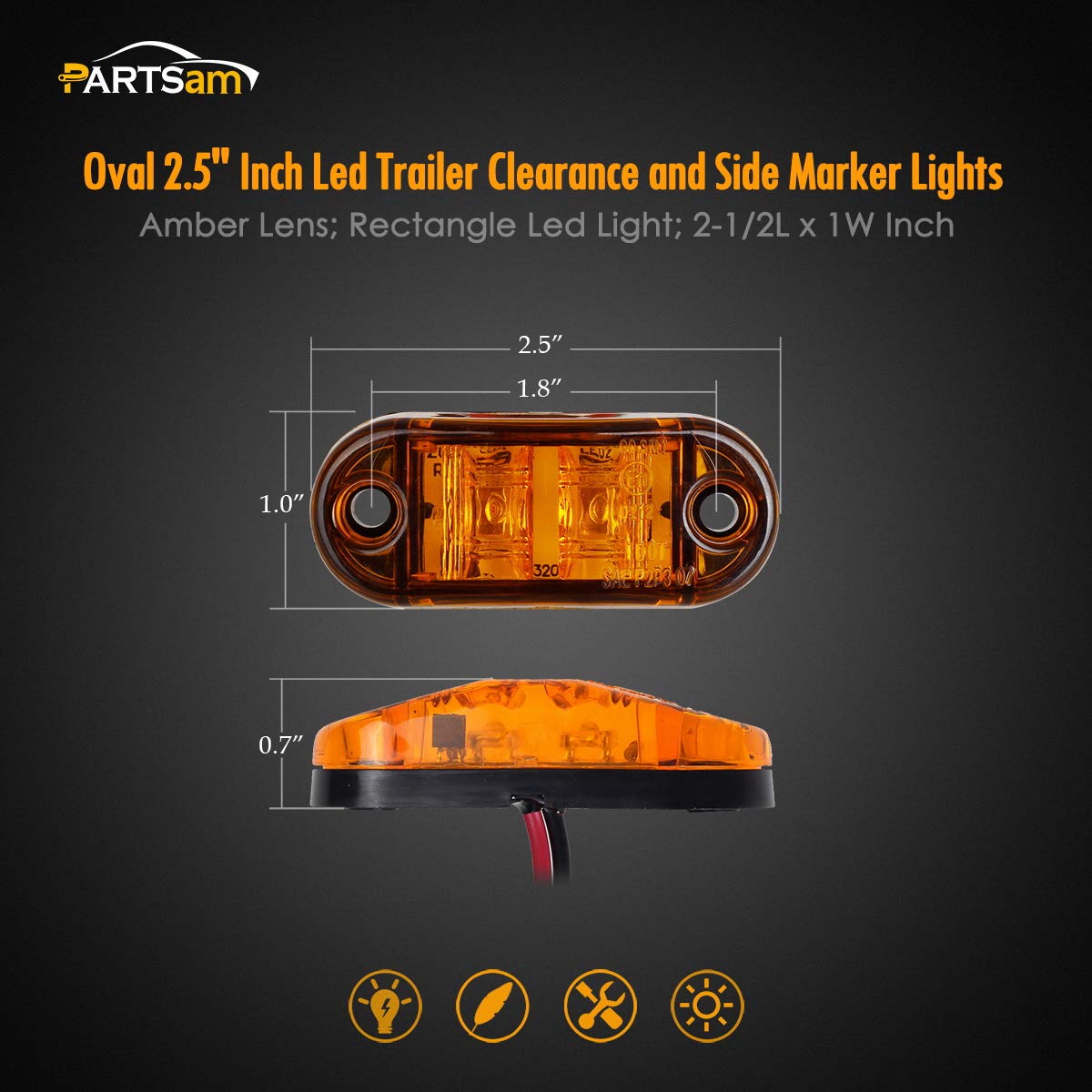 Partsam 4 Pcs 2.5Inch Oval Amber Lens 2 Diode Led Trailer Truck Clearance Side Marker Light