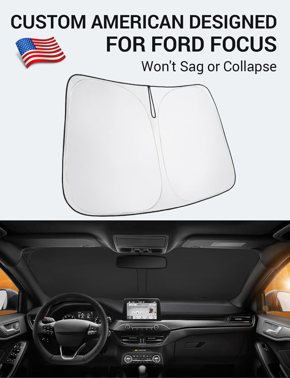 Proadsy 4-Layer Foldable Sun Shade for 2012-2018 Ford Focus S/RS/ST/SE/SEL/Titanium - Black & Silver UV Protection