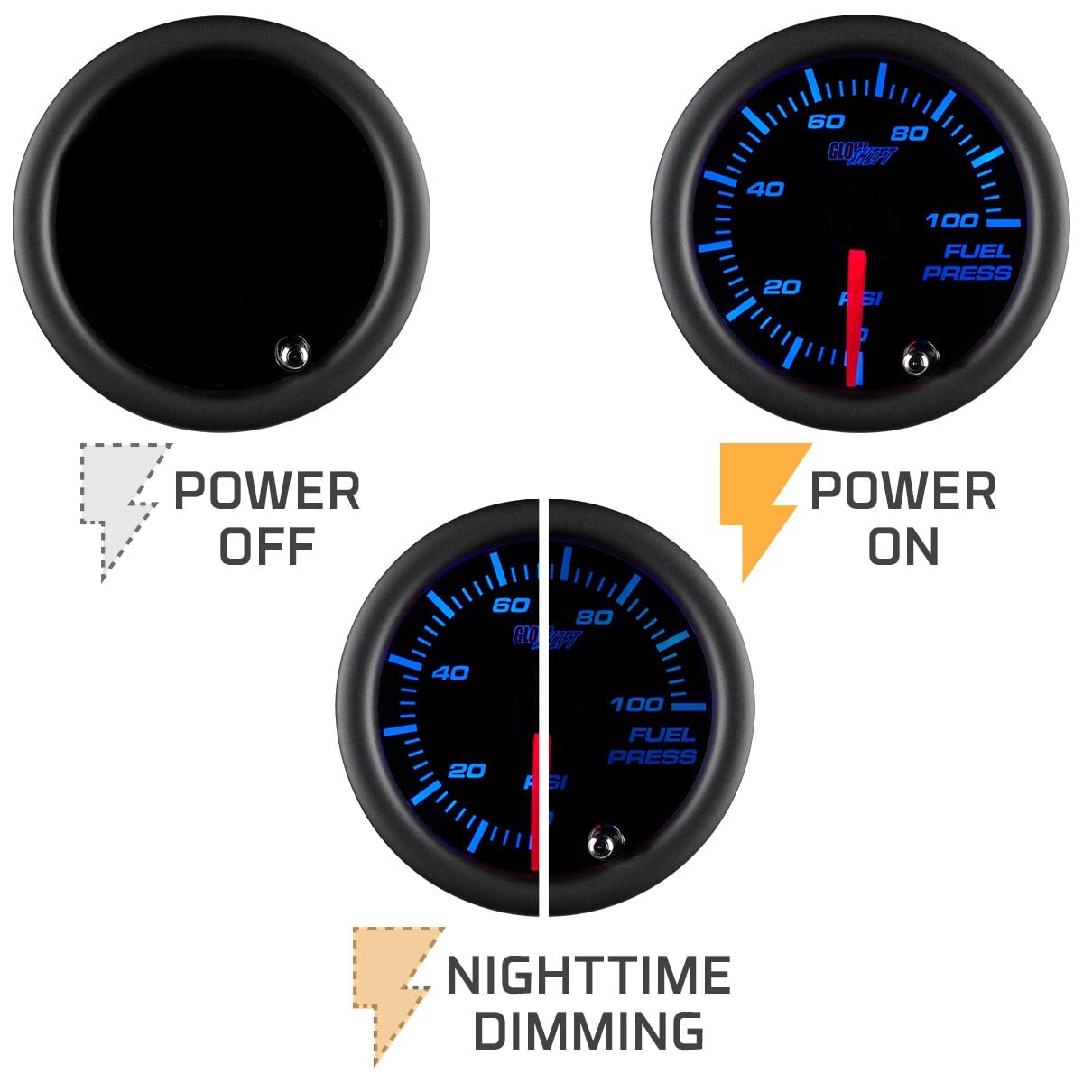 Glowshift Tinted 7 Color 100 Psi Fuel Pressure Gauge Kit - Includes Electronic Sensor - Black Dial - Smoked Lens - For Car & Tru