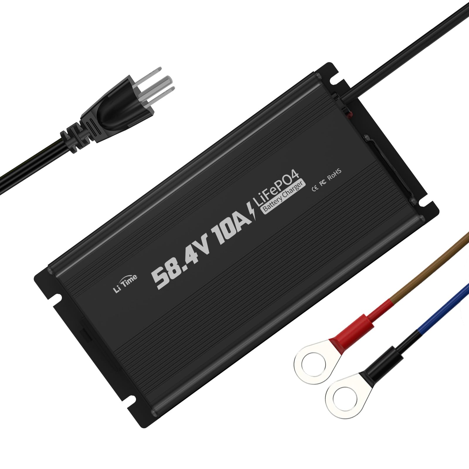 LiTime 48V(58.4V) Lithium Battery Charger, for 51.2V Golf Carts Battery, 0V Smart Charge Function, 10A AC-DC Deep Cycle Battery 