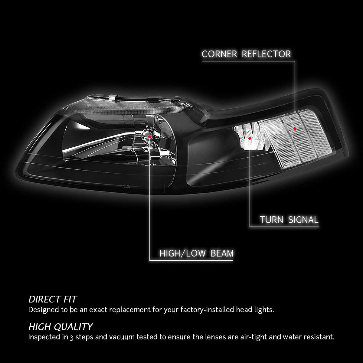 Dna Motoring Hl-Oh-Fm99-Bk-Cl1 Black Housing Headlights Replacement Compatible With 99-04 Ford Mustang