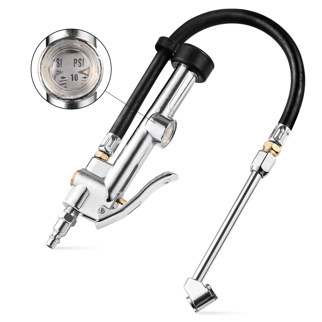 CZC AUTO Tire Inflator Air Pressure Gauge with Rubber Hose, 10-120PSI Dual Head Heavy Duty 1/4'' FNPT Tyre Inflator Gage Compati