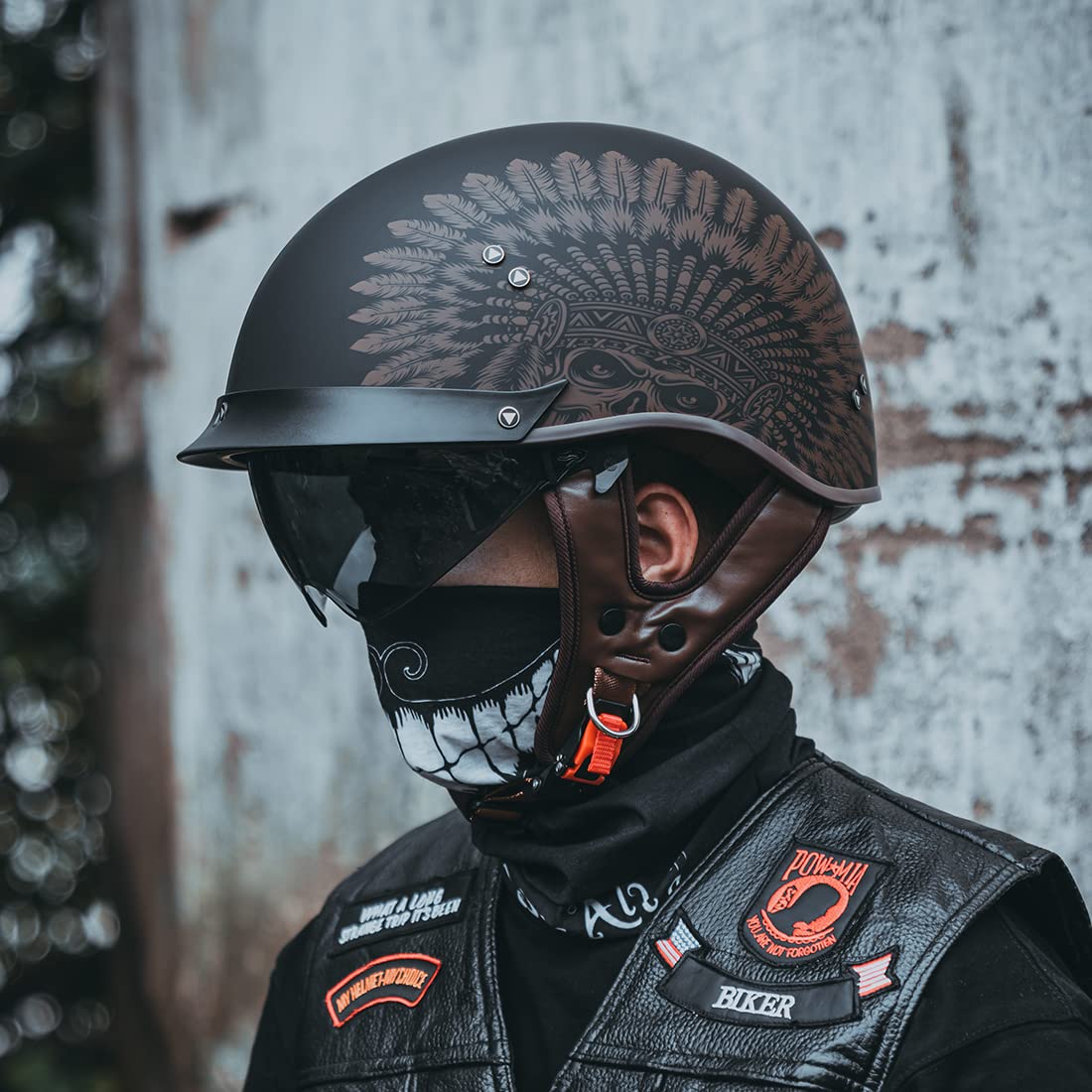 Motorcycle Half Helmet Sun Visor Quick Release Buckle Dot Approved Half Face Helmets For Men Women (F02-Indian, S)