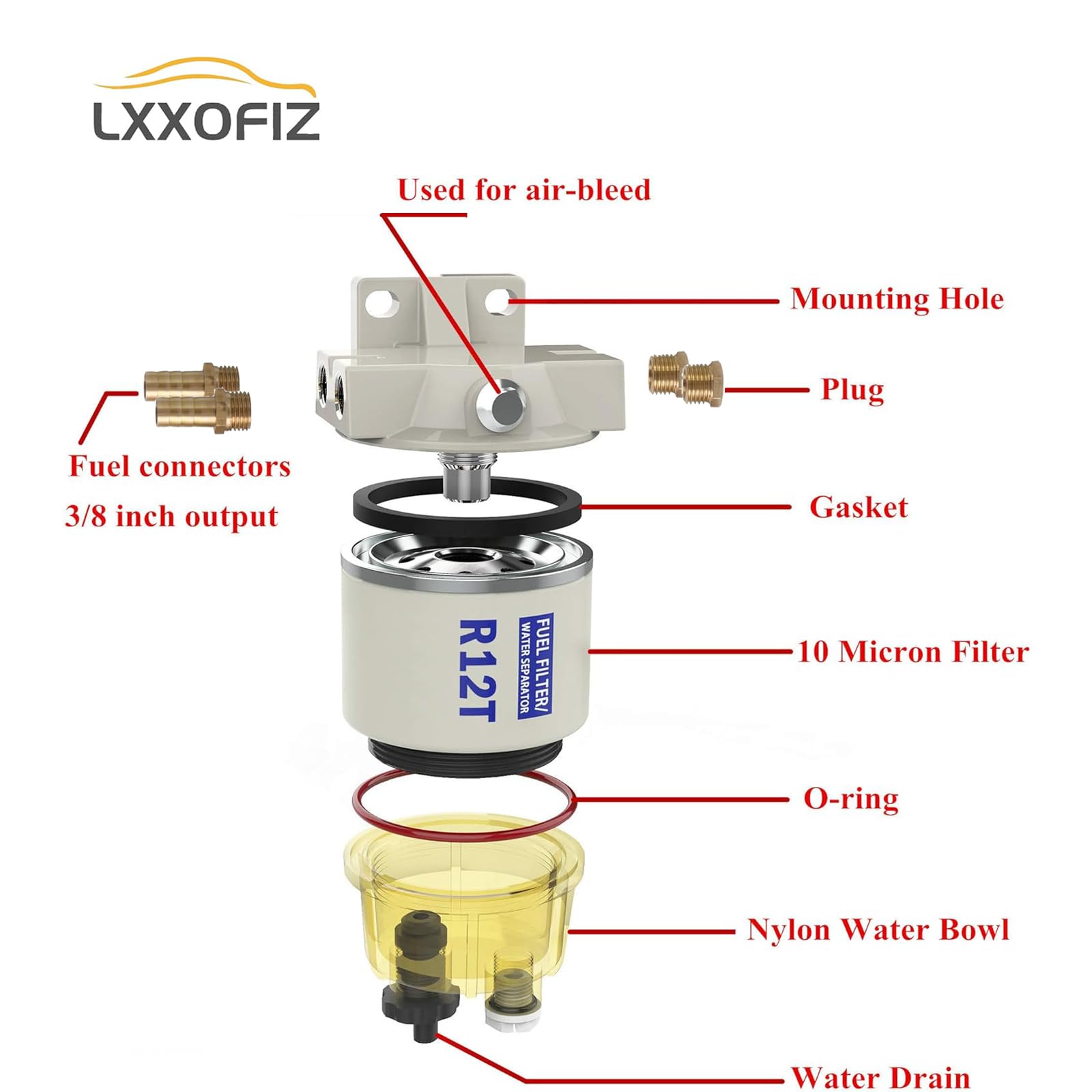 Marine Fuel Filter Water Separator Complete Kit for Outboard-R12T with NPT ZG1/4-19 Replaces Racor S3240 120AT R12T