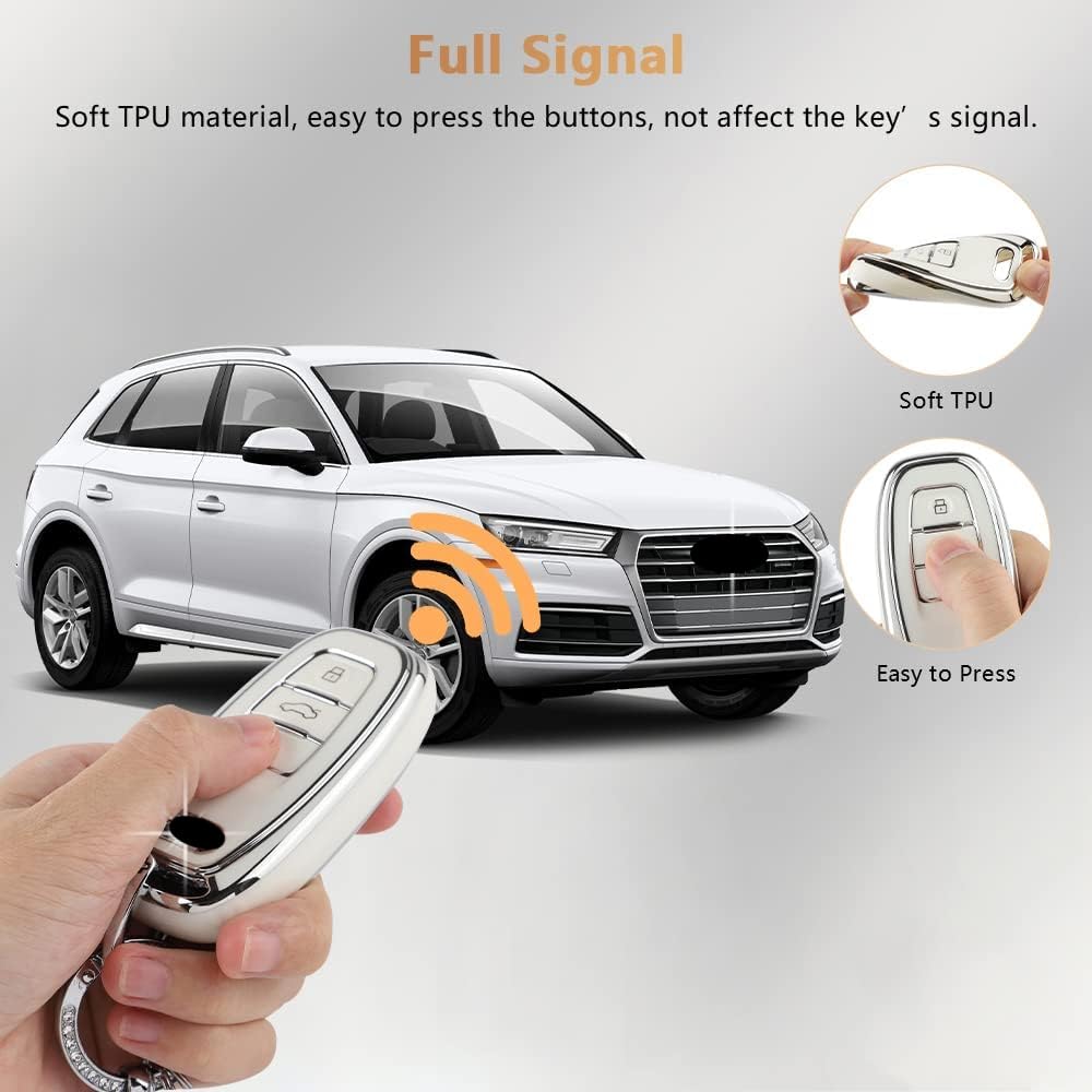 Pifoog Key Fob Cover For Audi 4 Buttons Tpu Soft Keys Case Shell Bling Keychain Car Accessories For Audi Q5 A4 A5 A6 A7 A8 Rs5 Rs7 S4 S5 S6 S7 Sq5 Girly Women White Silver