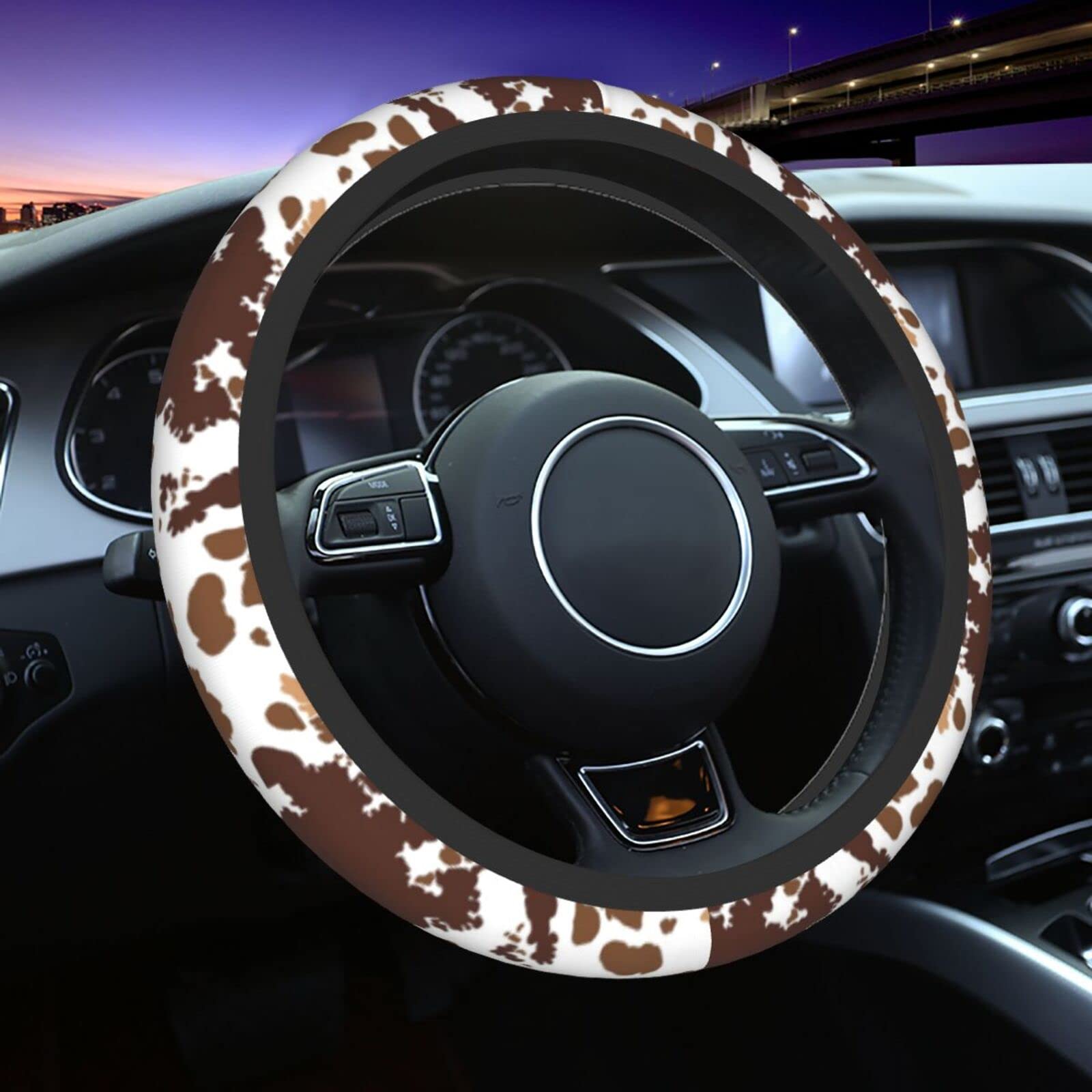 Brown Cow Print Steering Wheel Cover Universal 15 Inches For Women Men, Neoprene Anti-Slip Cute Car Steering Wheel Grip Wrap Car