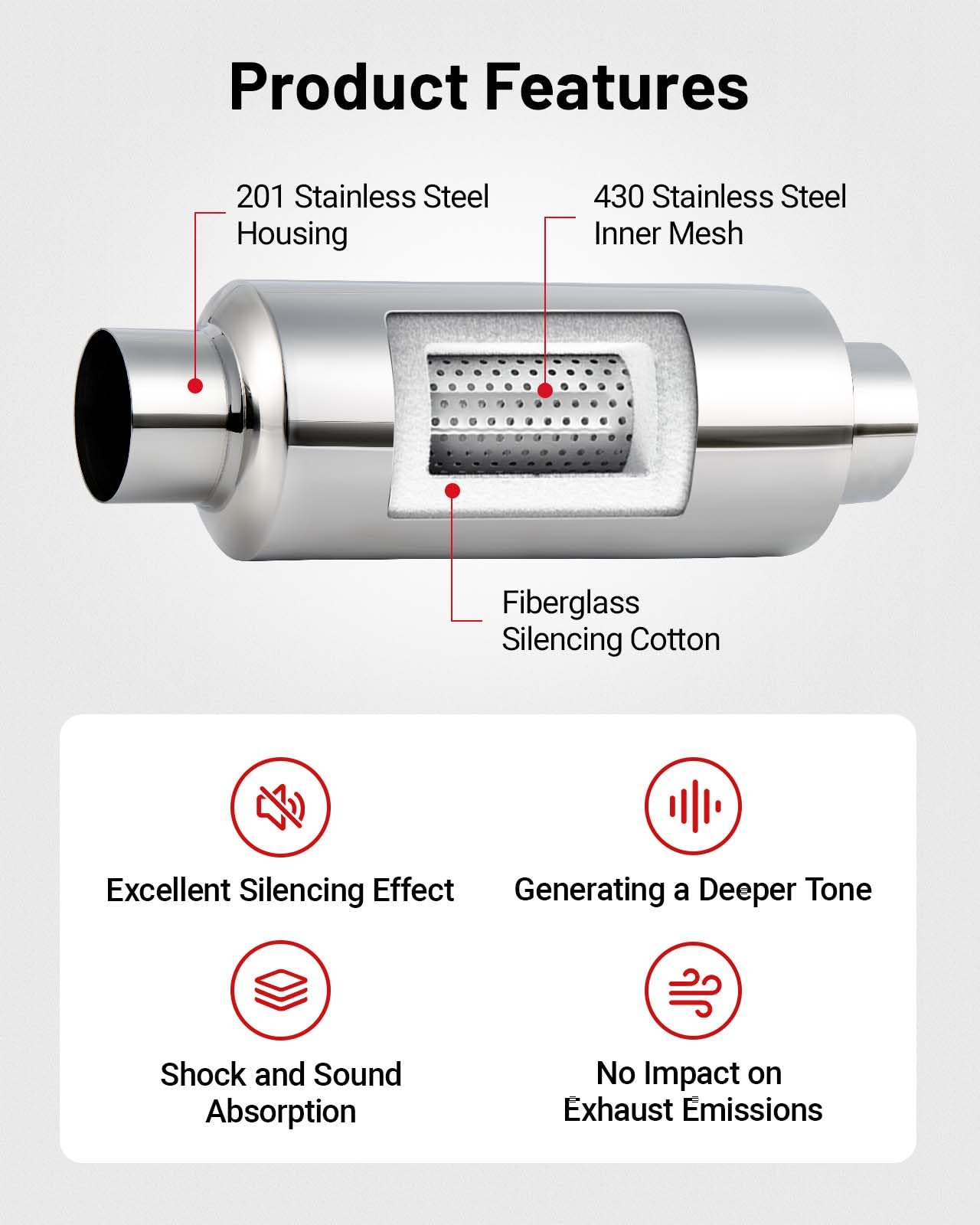 Evil Energy 2.5'' Resonator Muffler Stainless Steel (2.5 Inch Inlet/Outlet, 13.8'' Length)
