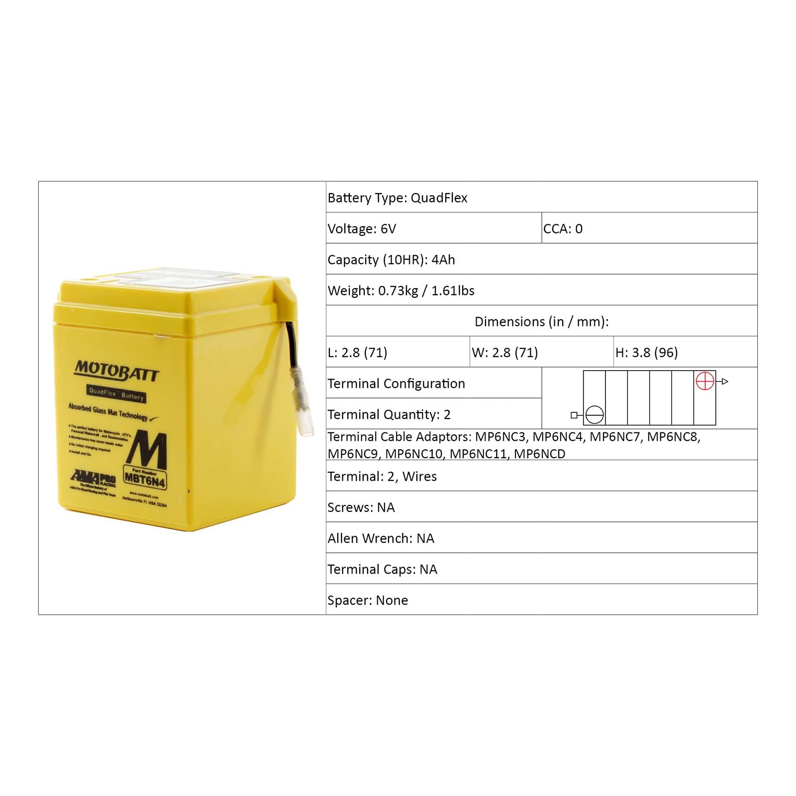 Replacement For Motobatt Mbt6N4 6V 4Ah Motorcycle Battery Replaces 6N4-2A