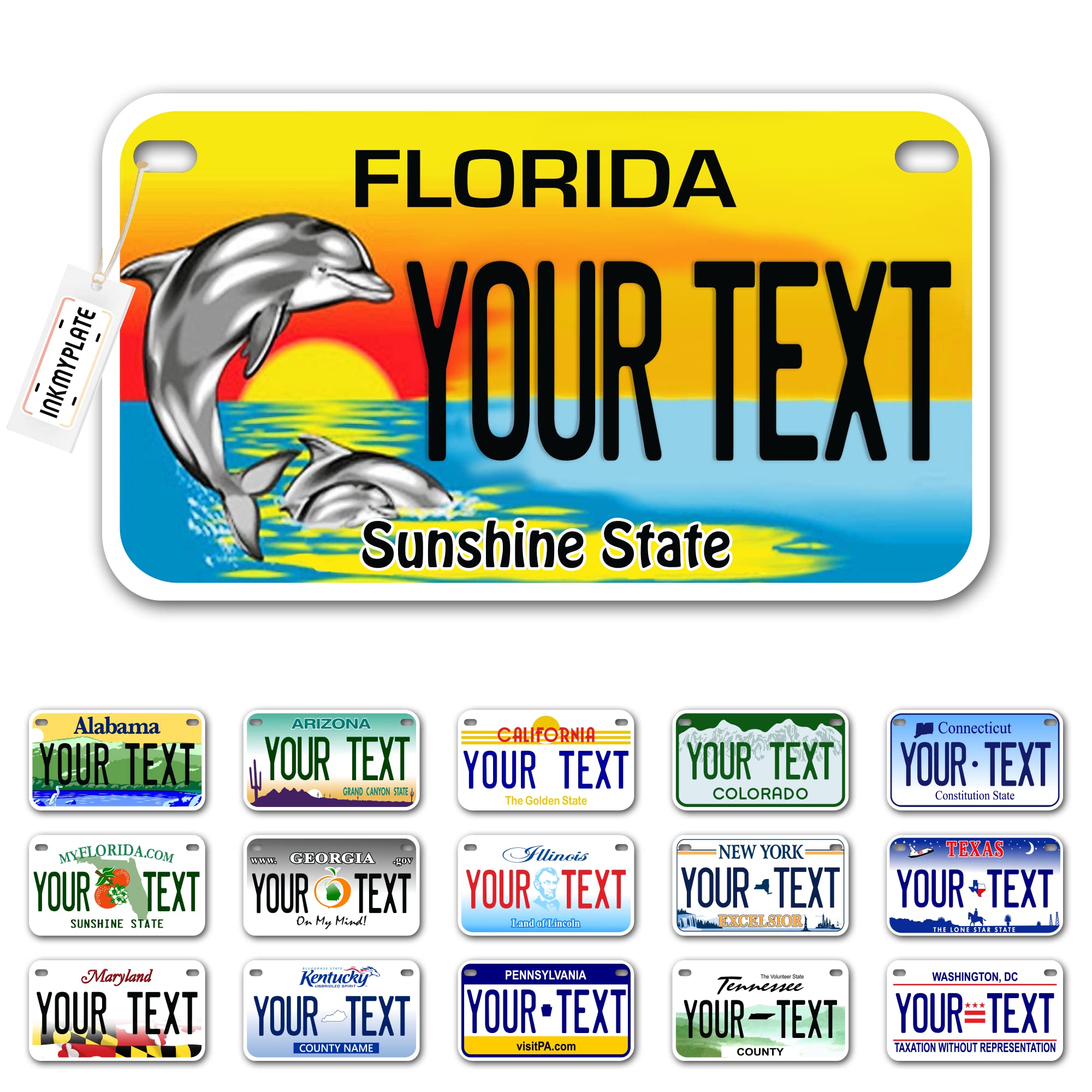 Inkmyplate Personalized Florida Dolphin Small License Plate | Motorcycle 7X4 In | 3 Sizes | Custom License Plates For Kids Bicycles | Power Wheels | Wagons | Atv | Usa Thick .040 Aluminum
