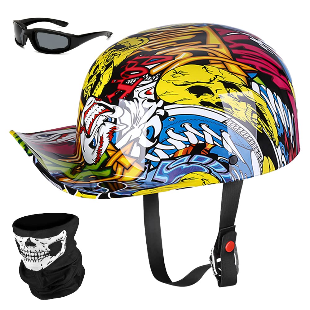 Yesmotor Baseball Motorcycle Helmet Half Cap For Bike Cruiser Chopper Moped Scooter- Dot Approved (Painting, L)