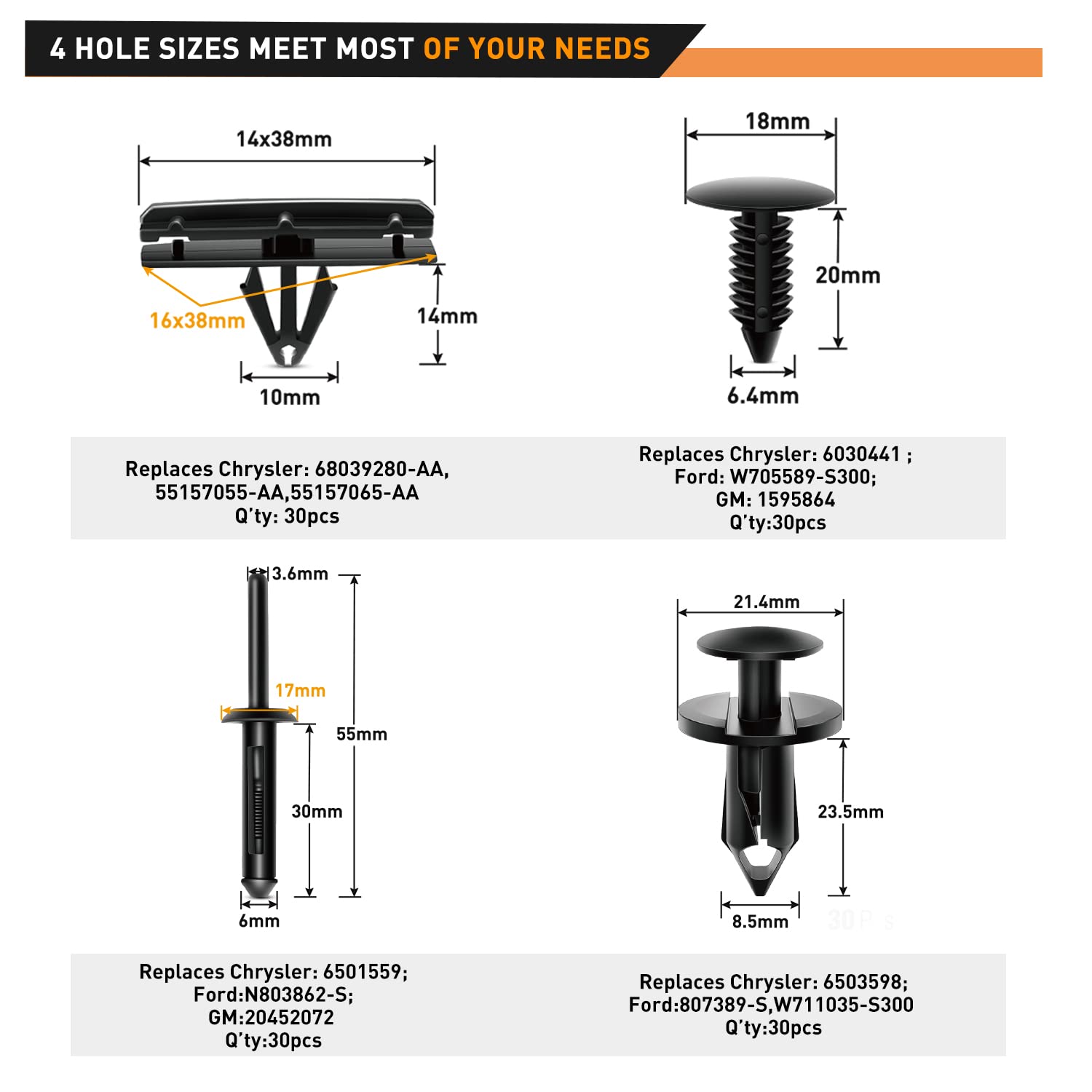 GOOACC 121PCS Fender Flare & Rocker Moulding Clip Assortment 6506007-AA 6030441 68039280-AA 6503598 Replacement for Jeep Wrangle