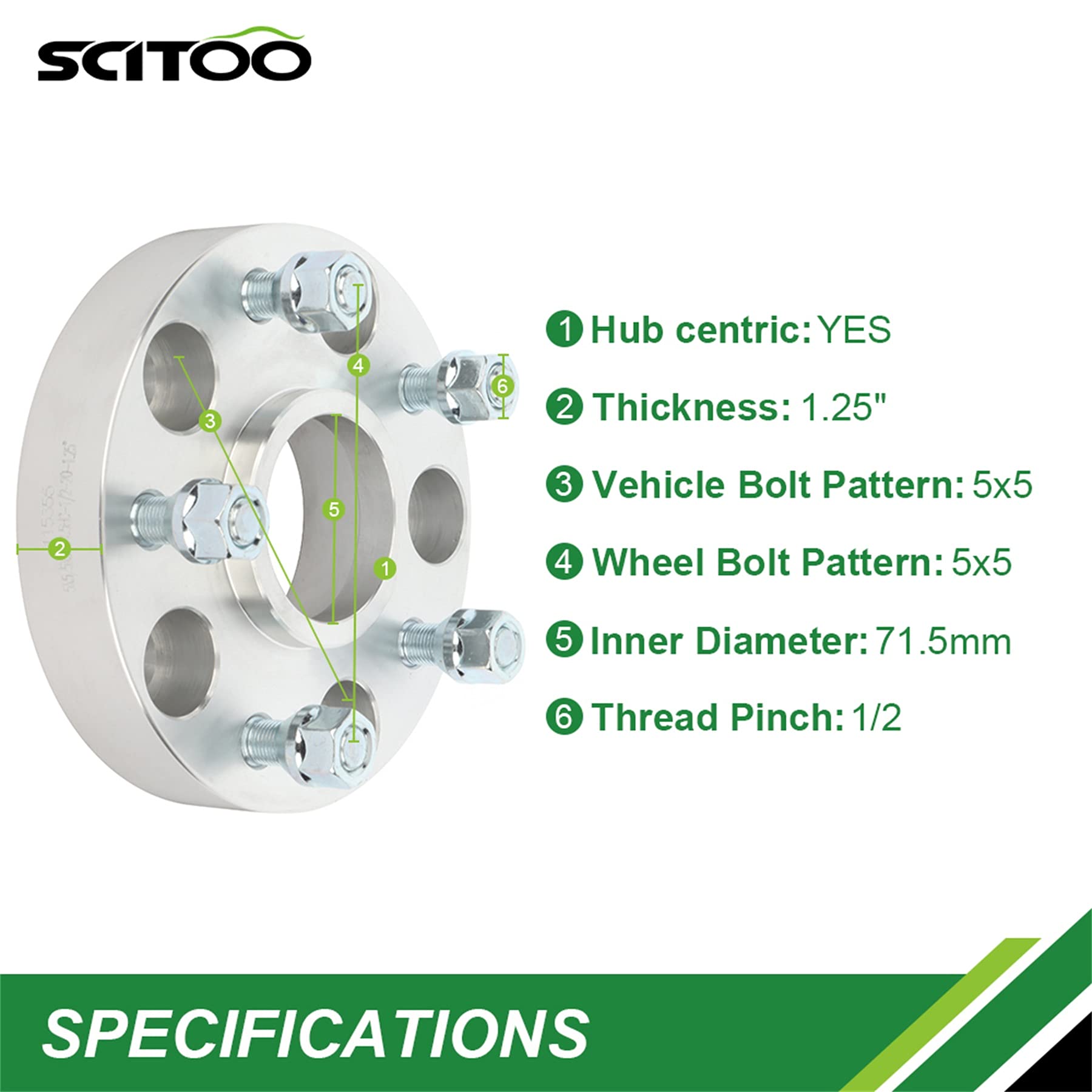 SCITOO 4PCS 1.25'' 5 Lug Hubcentric Wheel spacers 5x5 to 5x5 5x127mm Wheel Spacer 1/2'' x20 Studs 71.5mm fit for 2007-2014 for J
