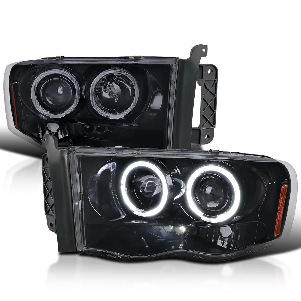 Spec-D Tuning Dual Halo Led Projector Glossy Black Housing Smoke Lens Compatible With 2002-2005 Dodge Ram 1500, 2003-2005 Dodge 