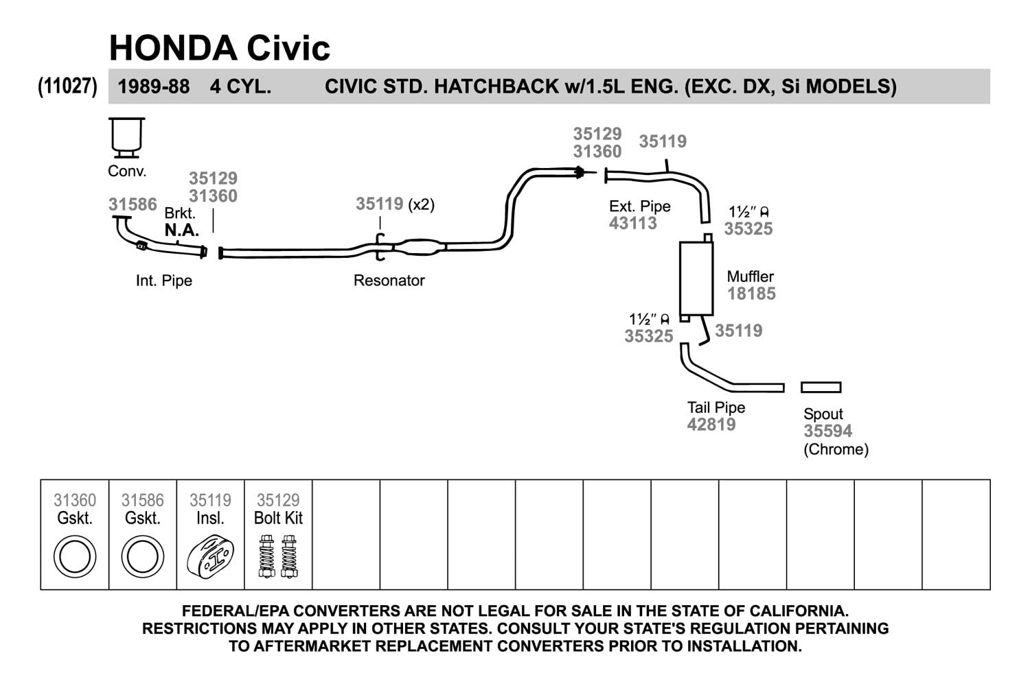Walker 35594 Exhaust Pipe Spout 1.625 Inlet (Od) 1.25 Outlet (Id) For Honda Accord