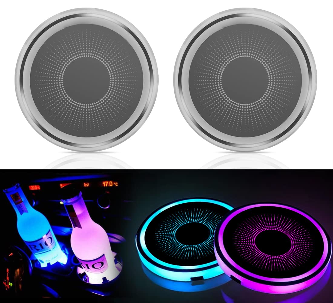 Uxcer 2Pcs Led Cup Holder Lights For Car, Rechargeable 7 Color-Changing Light Up Cup Holder Insert Coasters, Car Accessories For Teens, Car Gifts For Men & Women