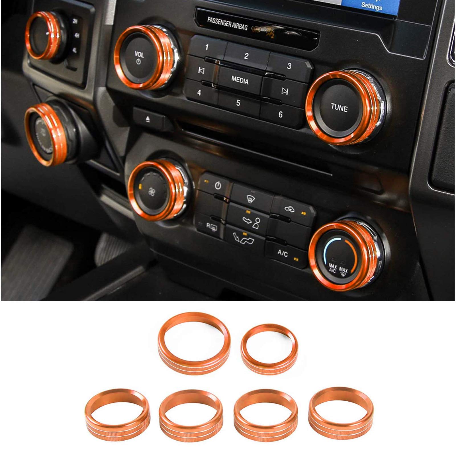 For F150 Air Conditioner Switch & Trailer & 4Wd & Vol Knob Button Trim For Ford F150 Xlt 2016 2017 2018 2019, Orange Aluminum, 6Pcs (Not For 2021 2022)