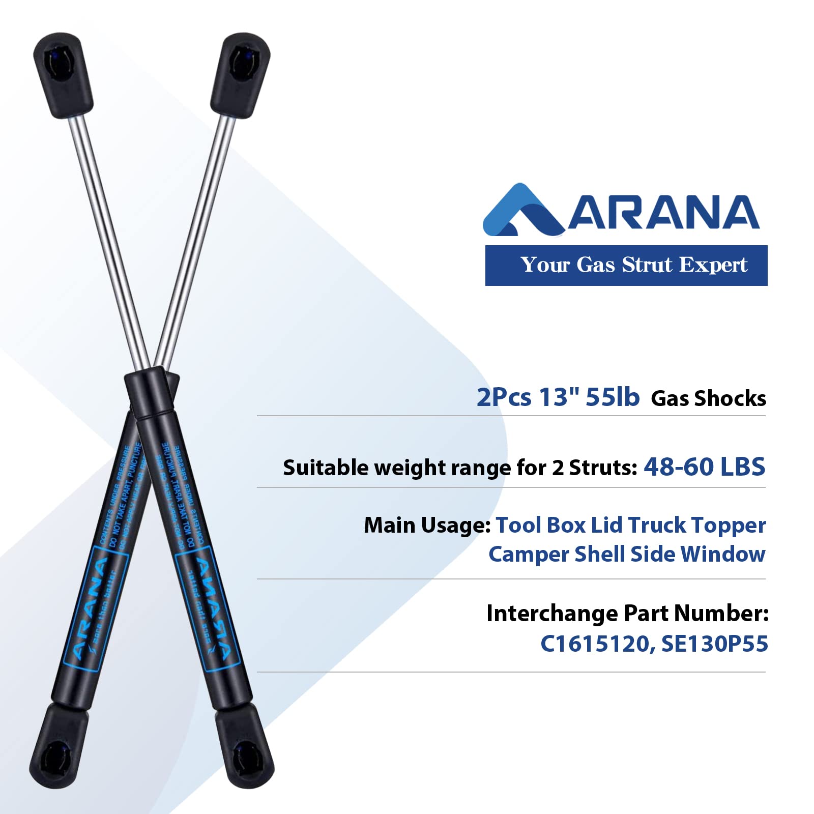 Arana 1015903 13 Inch 55Lb Gas Spring Struts, C1615120 13 '' 245N Shocks Lift Support For Tool Box Lid Truck Topper Camper Shell