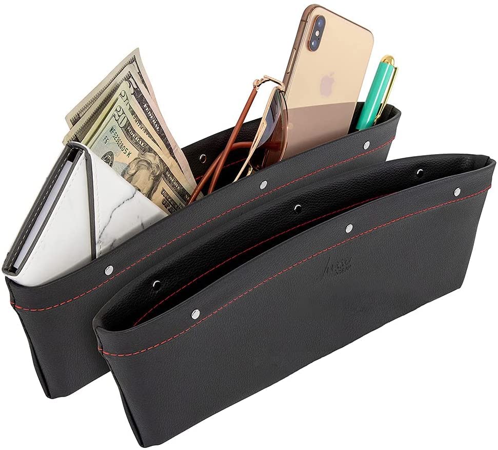 Augen Car Console Side Storage Organizer Universal Slim Seat Gap Filler Leather Pu Pockets Card Mobile Holder Storage Box (Black