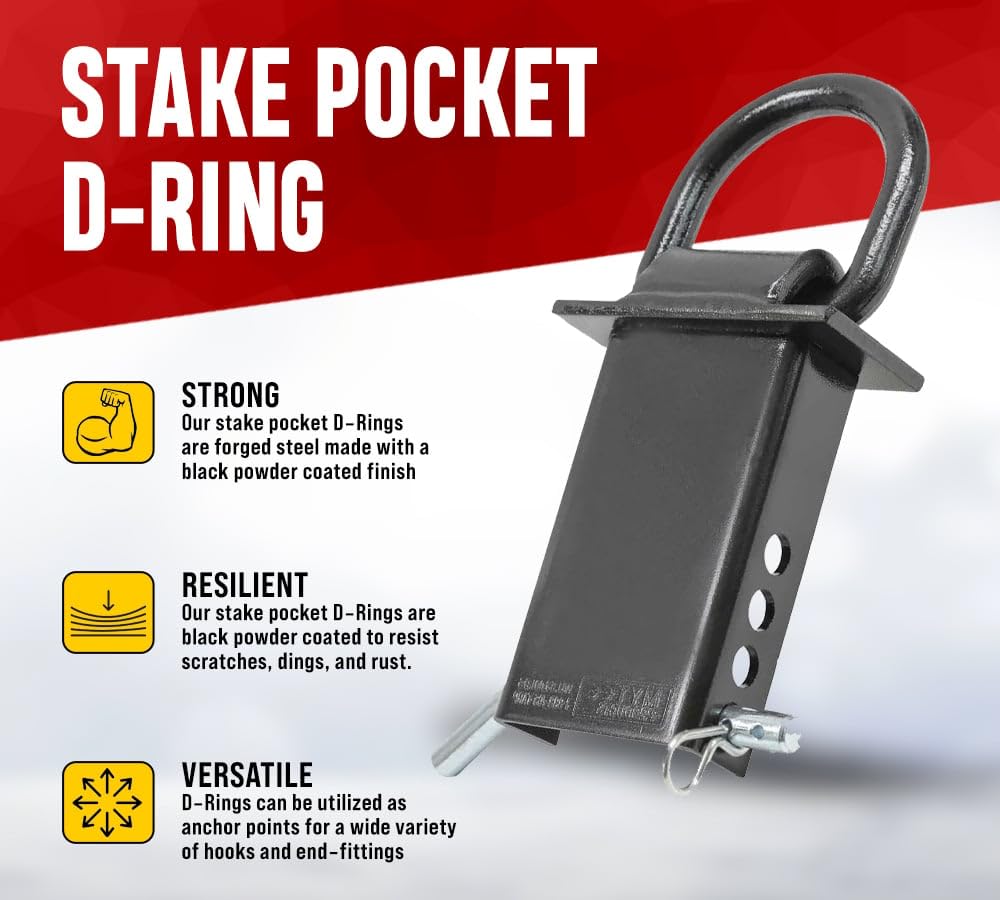 Mytee Products Heavy Duty Adjustable Trailer Stake Pocket D Ring Black Powder Coated W/ 1/2'' Hitch Pin, Load Limit 5400 Lbs & 4
