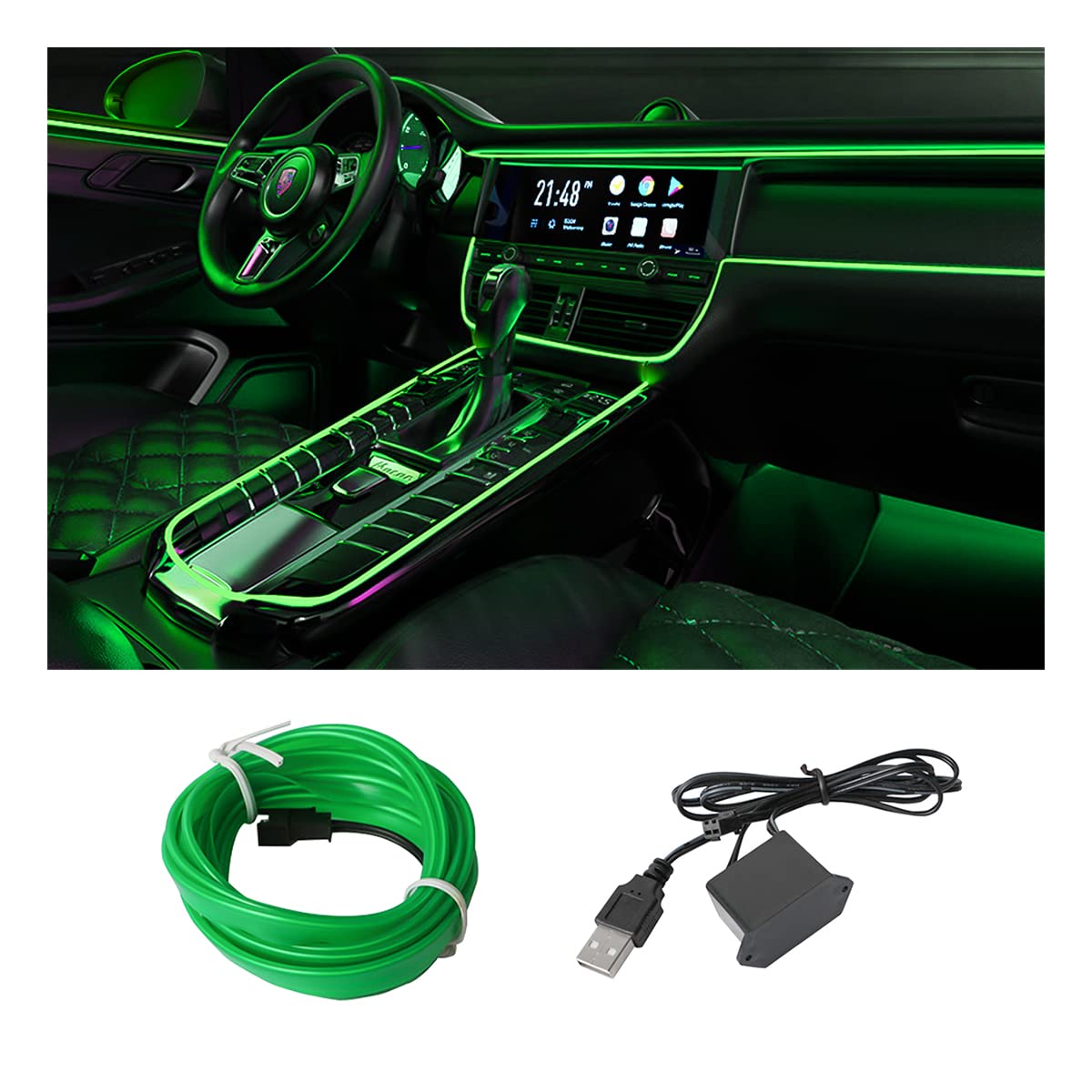 El Wire Interior Car Led Strip Lights, Usb Auto Neon Light Strip With Sewing Edge, 16Ft Electroluminescent Car Ambient Lighting Kits With Fuse Protection, Car Decoration Accessories (Green1/16Ft)