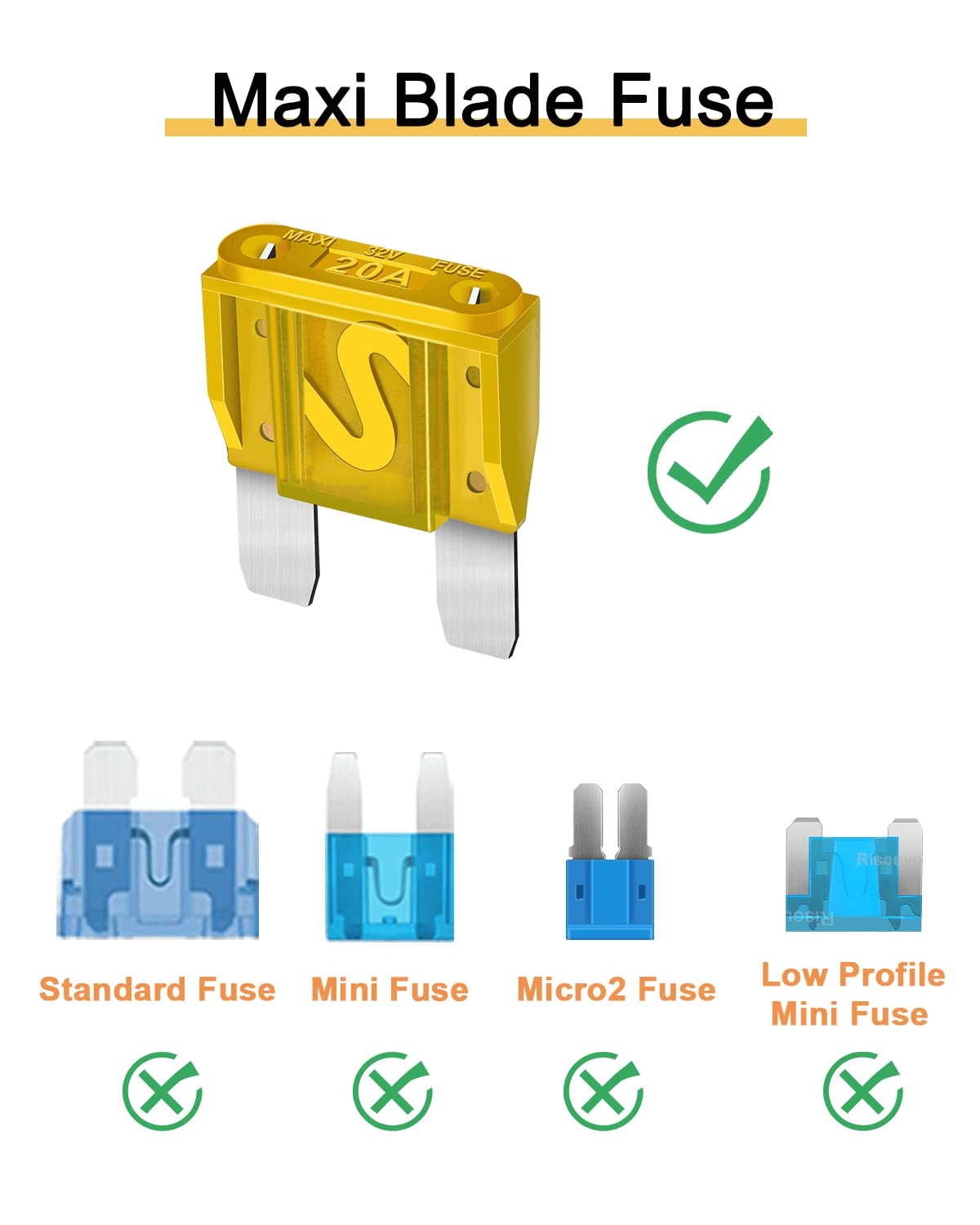 10Pcs 20Amp Maxi Fuses - 20A 32V Automotive Blade Fuse For Auto, Car, Rv, Boat, Truck