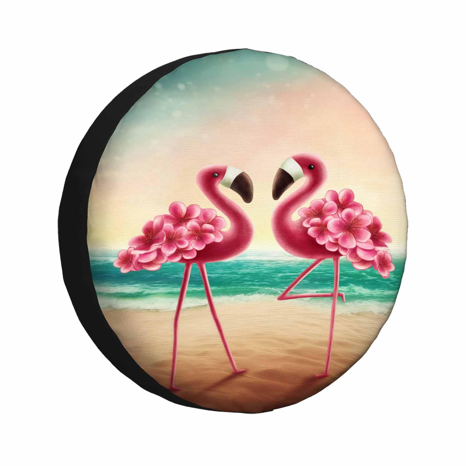 MIYASANG 2 Flamingos on the Beach Spare Tire Cover Flower Pink Bird Exotic Love Elegant Stand Weatherproof Universal Wheel Prote