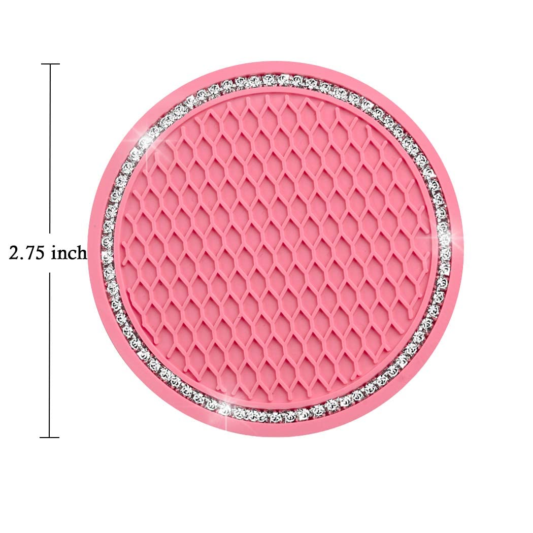 Bling Car Coasters Pink Pvc Travel Auto Cup Holder Insert Coaster Anti Slip Crystal Vehicle Interior Accessories Cup Mats For Women And Girl (2.75' Diameter,Pack Of 2) (Pink)