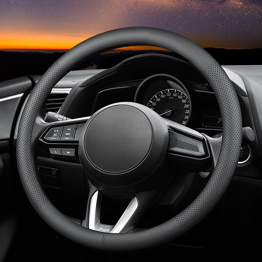 Carodi Leather Car Steering Wheel Cover, Ultra-Thin, Comfortable, Non-Slip, Breathable, Universal 15 Inches (Black)
