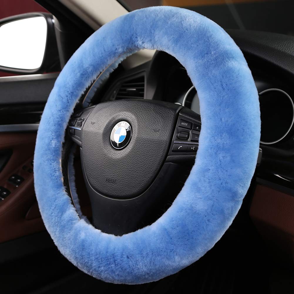 Fuzzy Fluffy Soft Wool Sheepskin Fur Blue Car Steering Wheel Cover For Adults Girls Women Men Protector Universal 14 1/2-15 1/2I
