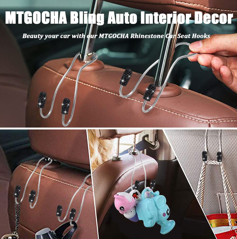 Mtgocha Bling Car Purse Hooks Car Bag Hooks, Cute Rhinestone Car Seat Hooks Hanger, Universal Car Headrest Hook For Purse Bag Metal Car Purse Holder Hook, Bling Car Accessories - Black