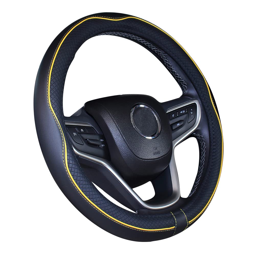 Mayco Bell Universal Standard Size Steering Wheel Cover Anti-Slip,Safety,Soft,Breathable,Durable,Full Surround,Comfortable Grip Microfiber Leather (14.5-15 Inch,Black Yellow)