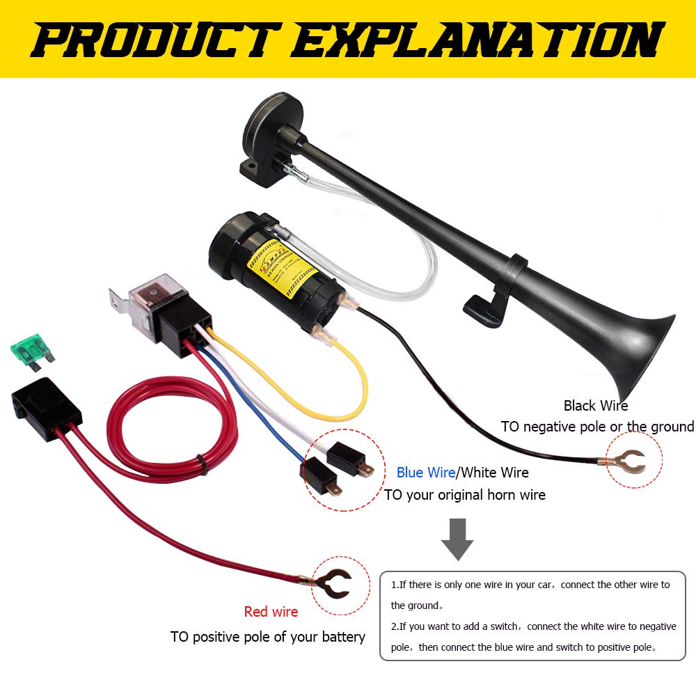 GAMPRO 12V 150DB Car Air Horns, 18 Inches Chrome Zinc Single Trumpet Truck Air Horn with Compressor for Any 12V Vehicles Trucks