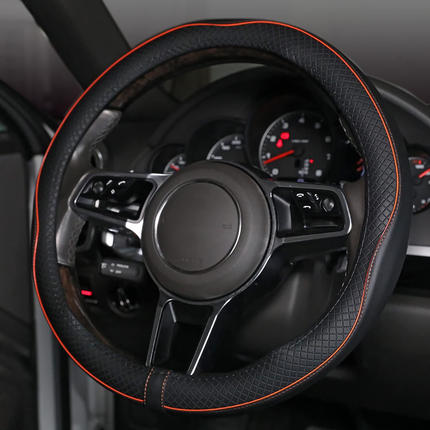 Car Steering Wheel Cover, Anti-Slip, Safety, Soft, Breathable, Heavy Duty, Thick, Full Surround, Sports Style (Black With Light Orange Line)