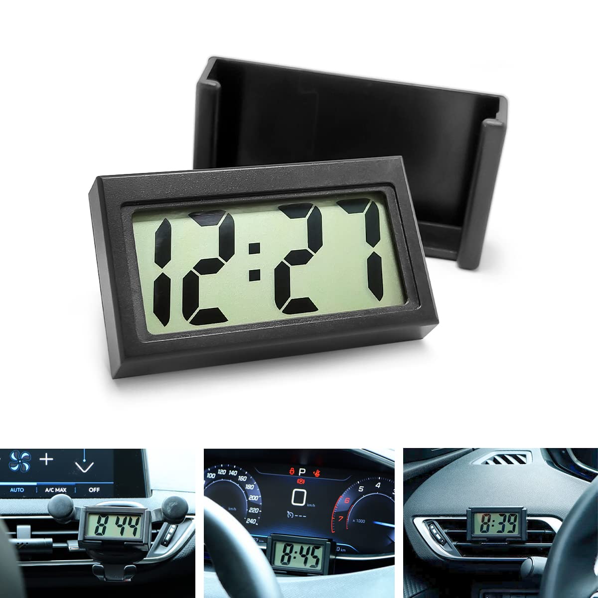 Mini Digital Clock for Car Dashboard, Self-Adhesive Vehicle Electronic Clocks with LCD Time, Auto Sticky Clock with Bracket Hold