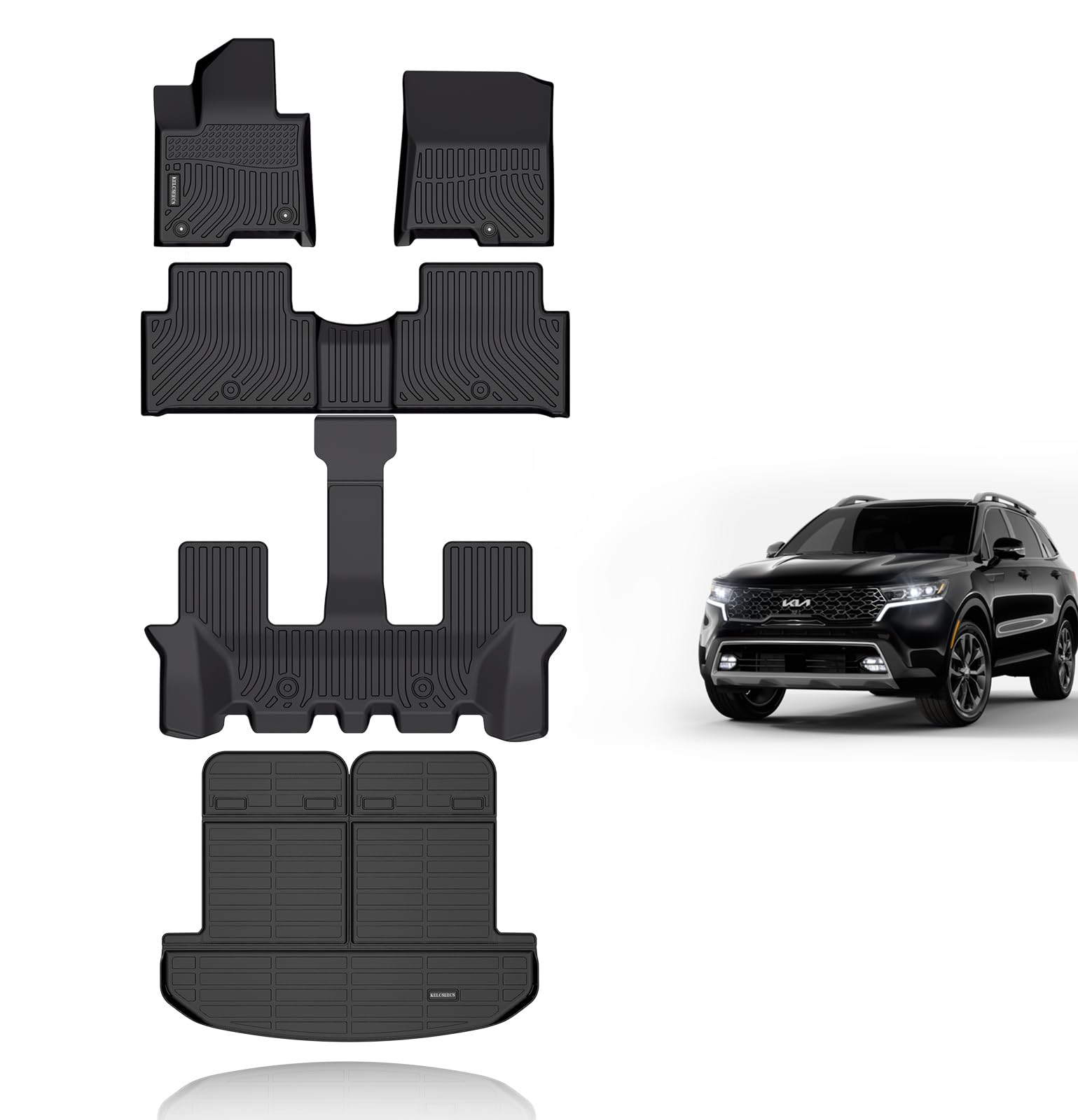 Kelcseecs All Weather Floor Mats & Cargo Liner With Rear Back Seat Protector For 2021-2025 Kia Sorento Hybrid/2022-2025 Kia Sorento Plug-In Hybrid Car Mats Trunk Liner Trunk Mat Sorento Accessories