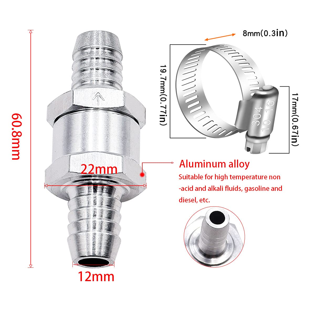Mxuteuk 2Pcs 1/2 '' 12Mm Aluminium Silver Non Return One Way Check Valve With 4Pcs 10-16Mm Universal Adjustable Hose Clamps For