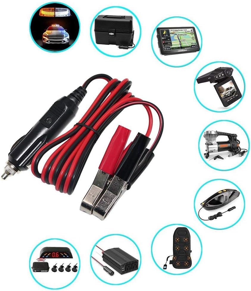 Alligator Clamp To Male Cigarette Lighter Extension Cable - 12V-24V Jumper Battery Charge Cord 3Ft Automotive Electrical Clip-On