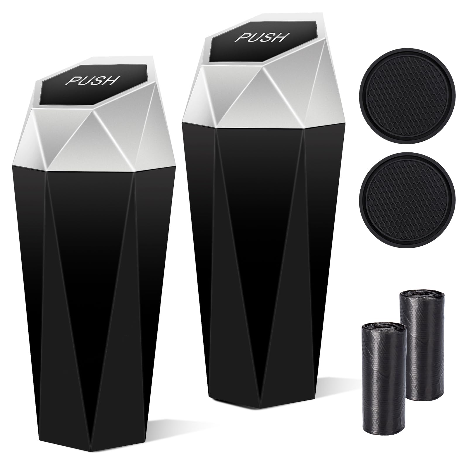 Tecfino Car Trash Can with Lid, 2 Pack Diamond Design Mini Cup Holder Trash Can for Car, Office, Home Use, Silver