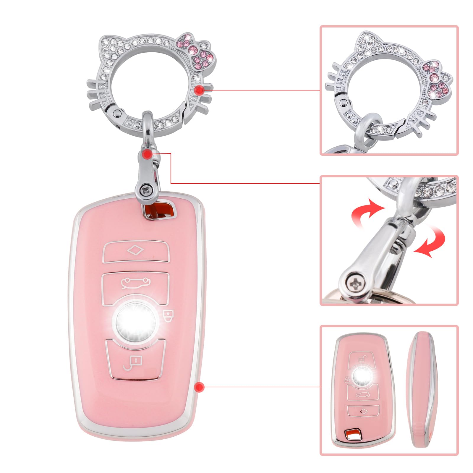 Pangpai Pink Key Fob Cover for BMW, Soft TPU Key Case Protection with Bling Keychain Fit for BMW 2 5 6 7 X1 X2 X3 X5 X6 Series