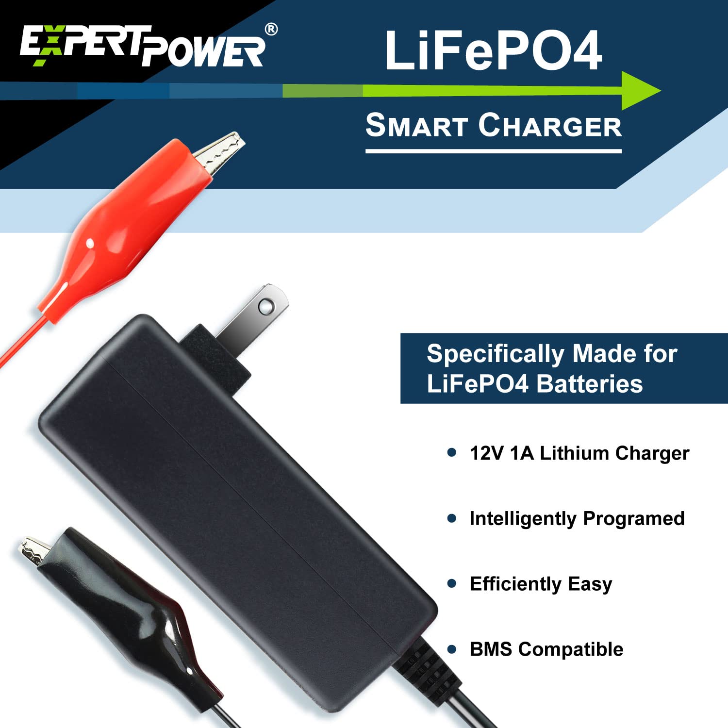 Expertpower 12V 1A Smart Charger For Lithium Lifepo4 Deep Cycle Rechargeable Batteries | Dc 5521 Male & Alligator Clips | Kids R