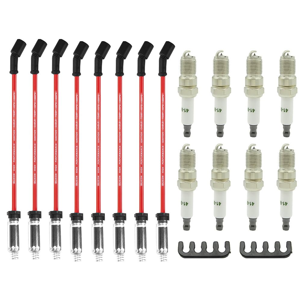 Spark Plugs and Wires for Chevy 5.3L, Spark Plug 41-962 * 8 + Spark Plug Wires *8 9748HH 10.2mm (red) Fit for Chevrolet Silverad