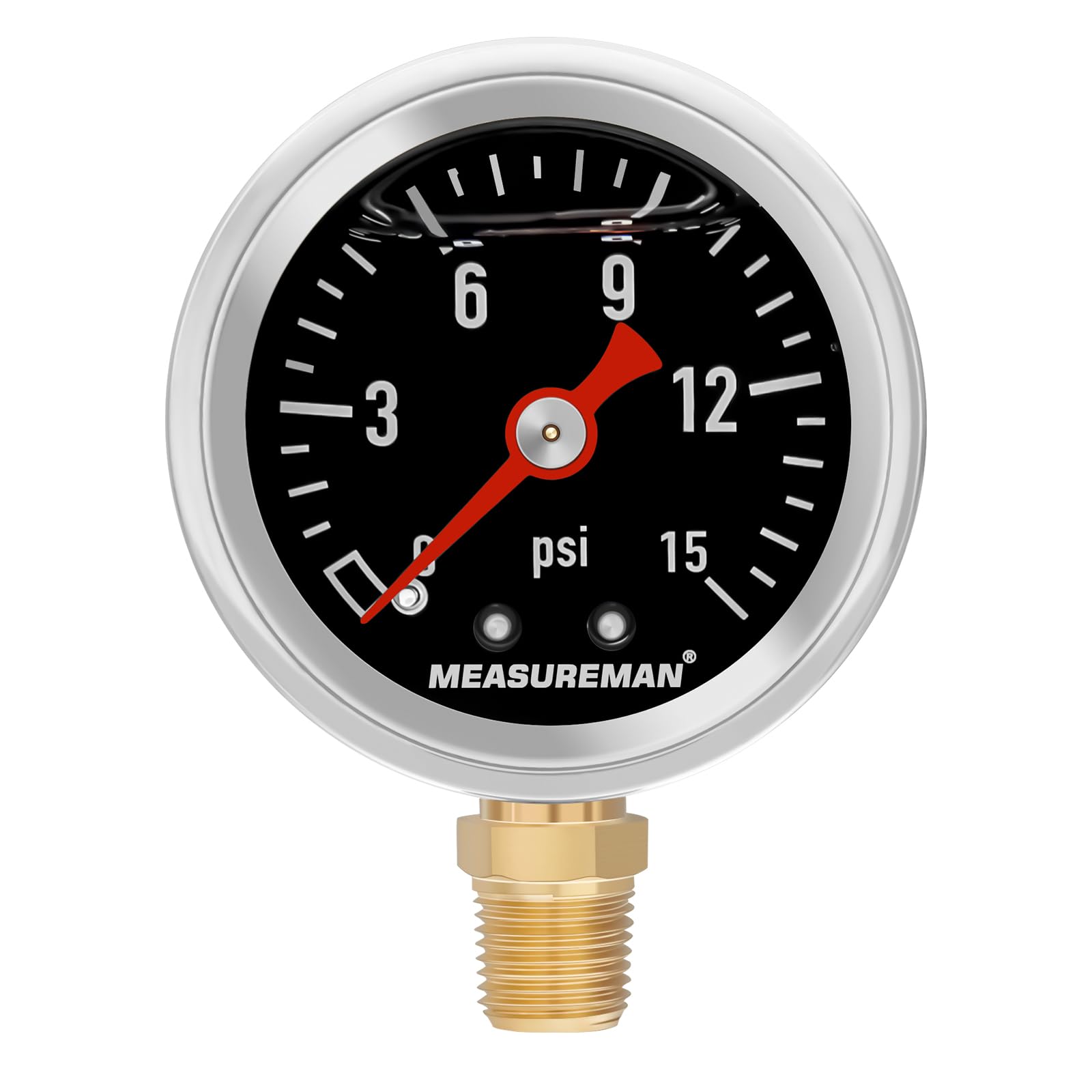 Measureman 1-1/2'' Dial Size Black Dial, Glycerin Filled Fuel Pressure Gauge, 304 Stainless Steel Case, 0-15Psi, -3-2-3%, 1/8''
